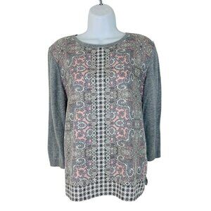 Talbots Women's Size M Paisley Mixed Media 3/4 Sleeve Gray Pink Top